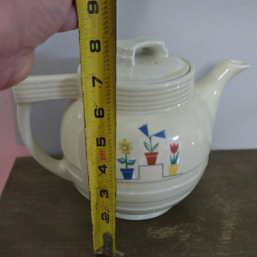 Vintage Enterprise Aluminum Co Drip-O-Lator Teapot Art Deco Floral ⁹Ceramic